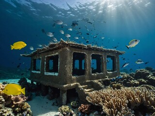 Wall Mural - Underwater shot of small fish dwelling in coral reef ecosystem