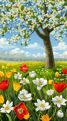 Wall Mural - A flowering tree stands amidst a field of colorful tulips and daisies under a bright blue sky