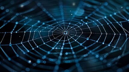A hyper-realistic close-up of a dewdrop-laden spiderweb in a garden, with each droplet and strand of silk captured in stunning clarity. The morning light creates a beautiful glistening effect. Macro