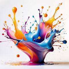 Wall Mural - A vibrant bright artistic splash of multicolored paint isolated on white background. Swirling shades of blue, orange, yellow, purple, and pink. Dynamic movement with droplets and splatters.