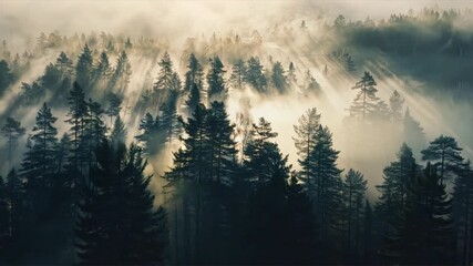 Wall Mural - Silhouette of a forest with mist and morning sun rays