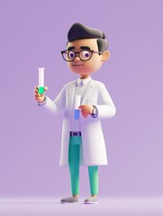 Wall Mural - cartoon scientist conducting experiment. 3d illustration of a cartoon scientist in a lab coat holdin