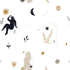 Wall Mural - illustration set of moon phases. Different stages of moonlight activity in vintage engraving style. Zodiac Signs	
