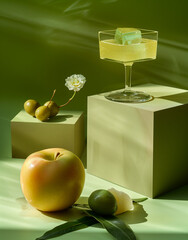 Wall Mural - Minimalistic still life: apple, cocktail glass on green cube, vegetable sculpture, light olive background.Minimal creative drink,food and party concept.Copy space,top view