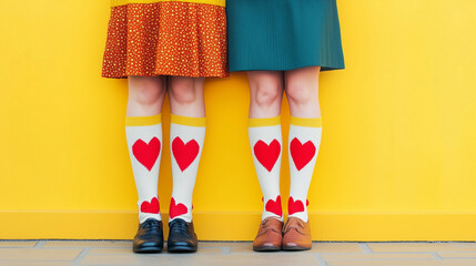 low section funny image of woman in heart patter socks against yellow background/valentines/love des