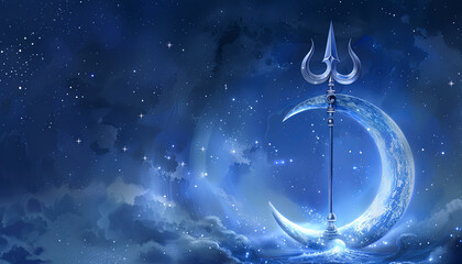 Wall Mural - crescent moon with trishul on blue night sky background religious hindu symbolism god spirituality f