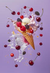 Wall Mural - A white and burgundy ice cream melts against a pink background, while cherries and berries float in the air, creating a minimalist, pastel scene.Minimal creative food concept.Flat lay.