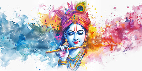 Lord Krishna watercolor painting Hindu god religion spirituality colorful background India culture tradition devotional artwork divine flute peacock feather