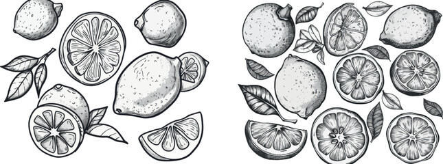Aufkleber - Drawing of half lemon, citrus half, fresh botanical fruit. Hand drawn sliced lemon, citrus fruit with leaves.