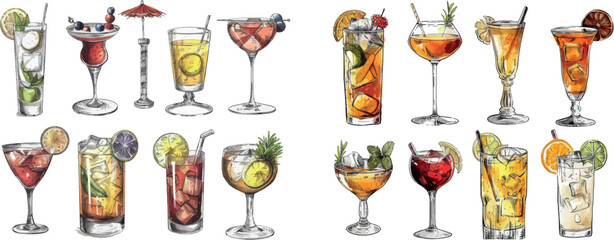 Sticker - Drinks for restaurant, cafe, bar menu. Set of hand-drawn cocktails. Alcoholic drinks in glasses. Cocktails, champagne, pina coladas, strawberry mojitos, wines for restaurant, cafe, bar menus.