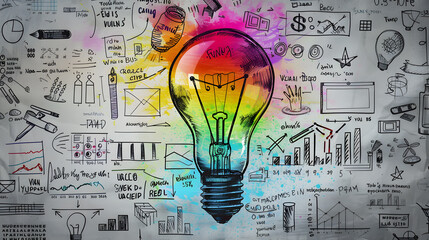 Wall Mural - Idea generation. Multi-colored illustrated light bulb against background of notes on wall. The light in the bulb indicates the emergence of ideas.