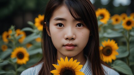 Wall Mural - Japanese girl holding a sunflower.