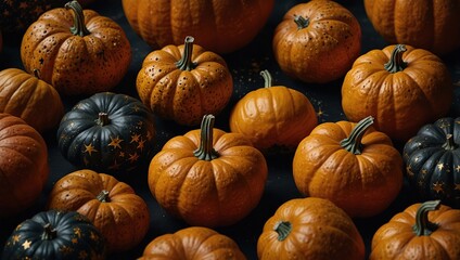 A pattern of pumpkins and stars on a black background