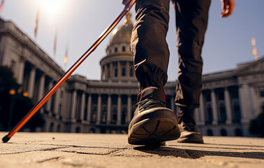 Low shot of a person with a cane walking on the street created with Generative AI technology