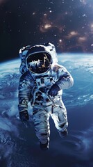 Wall Mural - a male astronaut in a space suit with a device, reflects a cityscape on his visor, floats near earth