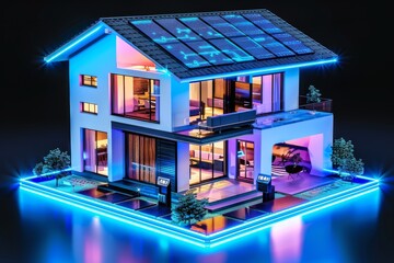 Poster - Model home glowing under neon lights showcasing architectural beauty and futuristic living spaces.