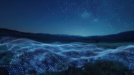 A serene night scene featuring a digital wave of glowing data particles flowing across the sky, representing the seamless integration of technology and nature, illuminated by moonlight