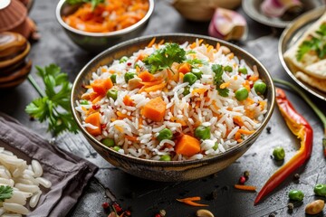 Wall Mural - Bowl of Vegetable Rice with Carrots, Peas, and Cilantro