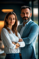 Two business professionals in formal attire standing with arms crossed in a modern office setting. Professional portrait photography. Corporate teamwork and leadership concept