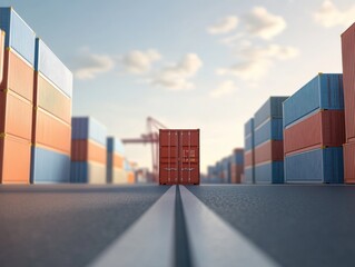 3D render of a bustling trade port with containers being loaded and unloaded