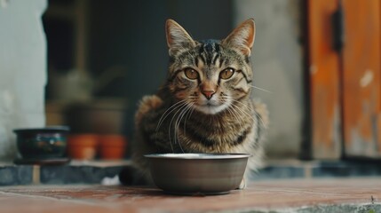 Wall Mural - Tabby cat eagerly waiting for food beside an empty bowl