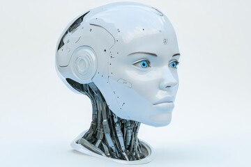 Poster - Conceptual humanoid robot head with thoughtful expression exploring artificial consciousness and the future of AI interaction.