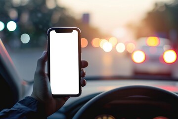 Hand holding smartphone with white screen mockup on background driving a car during a trip