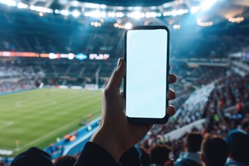 hand holding smartphone with white screen mockup on background soccer game at the stadium
