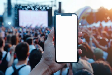 Hand with smartphone white screen mockup on background against the backdrop of an open-air rock concert