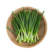 © Sona - Green onion in a wooden bowl on a transparent background - top-down flat lay view.