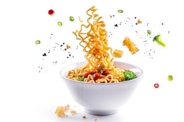 Instant noodle with sauce and vegetables flying in the air Isolated on white background