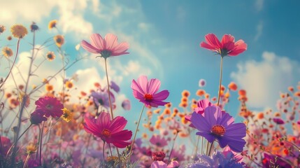 Wall Mural - vintage style garden with cosmos flowers in purple pink and red hues under a blue sky