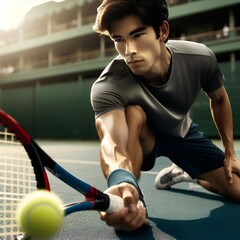 Wall Mural - male tennis player aiming to hit tennis ball in hardcourt tennis competition.