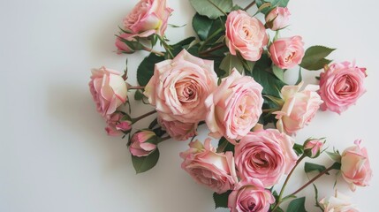 Wall Mural - pink roses bouquet on white backdrop minimal arrangement top down view