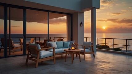 Wall Mural - Patio with furniture and beautiful ocean sunset views. Photorealistic. Summer holidays and vacation concept.