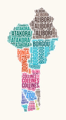 Wall Mural - Benin regions word cloud. Country logo design. Regions typography style vector image. Benin colored text cloud. Modern vector illustration.