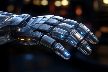 Poster - Cybernetic hand with blue illuminated fingertips displaying advanced sensory and interactive capabilities.