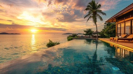 Poster - Sunset Luxury Pool Overlooking Tropical Sea