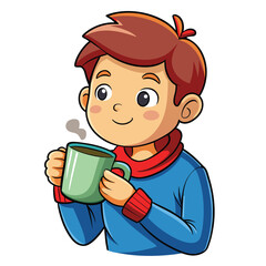 Sticker - A cartoon boy with brown hair drinks from a green mug.