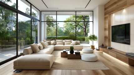 Wall Mural - Modern Living Room with Large Windows and Natural Light