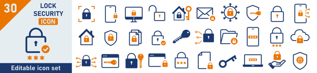 Wall Mural - security icon set. set of 30 outline icons related to security business. linear icon collection. loc