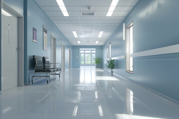 Canvas Print - A hospital hallway with a white floor and blue walls.