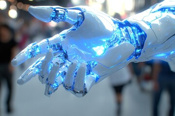 Sticker - Illuminated Blue Robotic Hand Exemplifying High-Tech Innovation and Light-Based Interaction