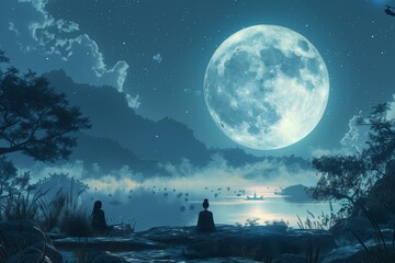 Canvas Print - Serene Night Under a Full Moon With Two Figures Meditating By the Water