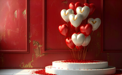 Wall Mural - White circle podium and golden hearts balloons.