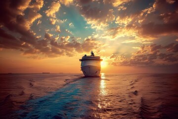 Wall Mural - Luxury Cruise Ship at Sunrise Sailing towards Port in the Caribbean Sea