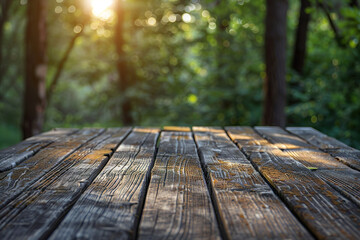 Wall Mural - A wooden table with a blue background.