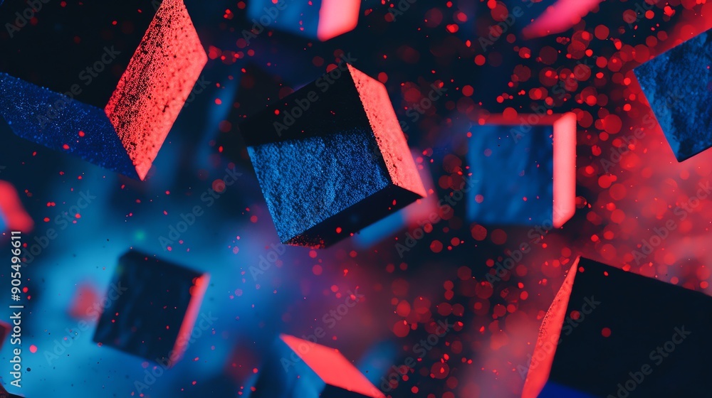Dynamic 3D cubes floating in a vibrant space with red and blue hues ...