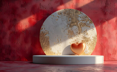 Wall Mural - White circle podium and golden hearts balloons.