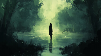 young girl standing in midst of swamp. symbolizing hopelessness and depression. green dark colour